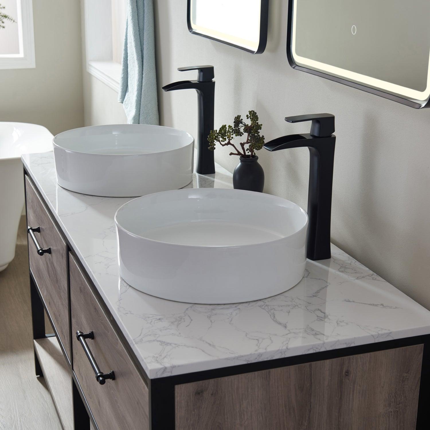 Vinnova Palma Double Vanity with Vessel Sink White and Composite Grain Stone Countertop - Sea & Stone Bath