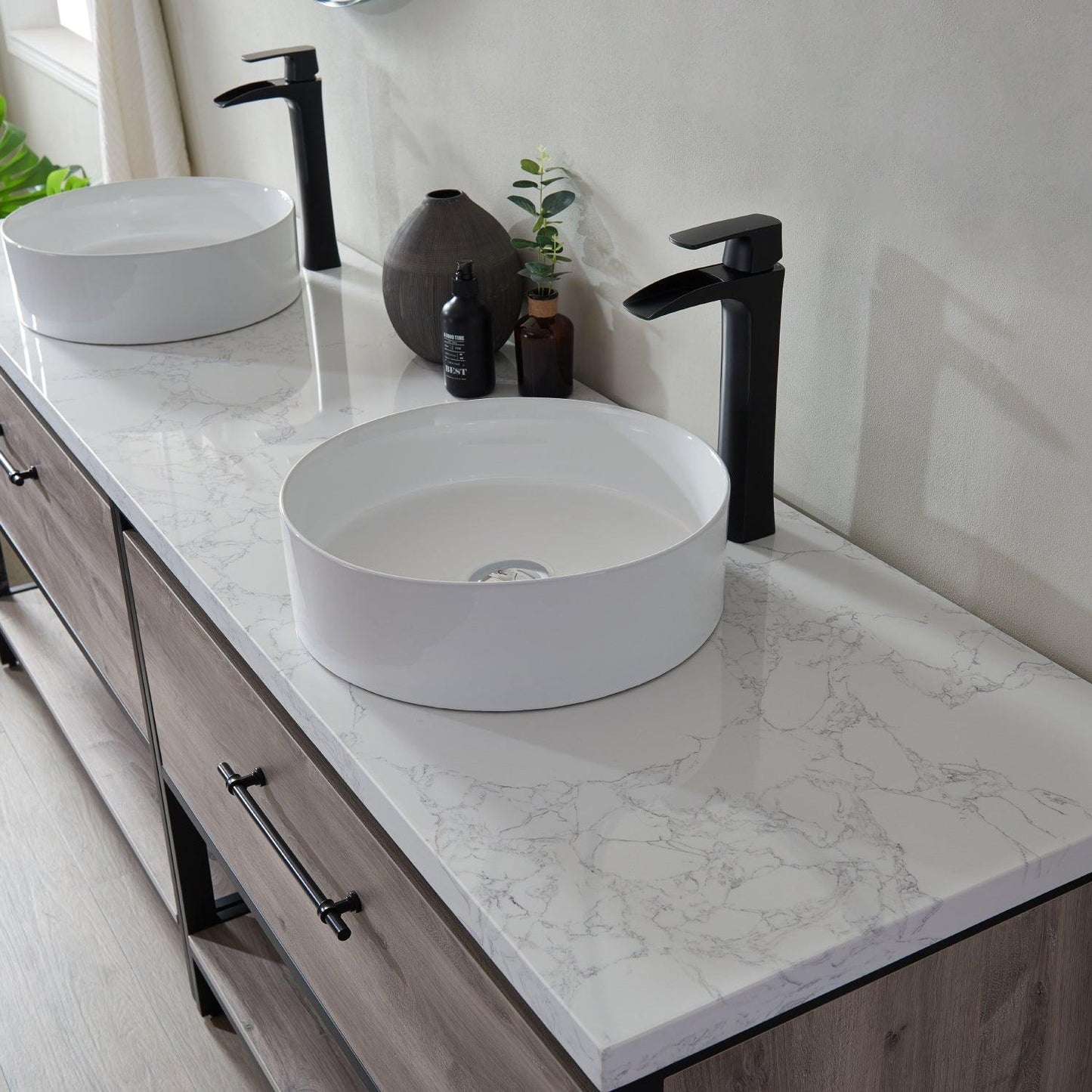 Vinnova Palma Double Vanity with Vessel Sink White and Composite Grain Stone Countertop - Sea & Stone Bath