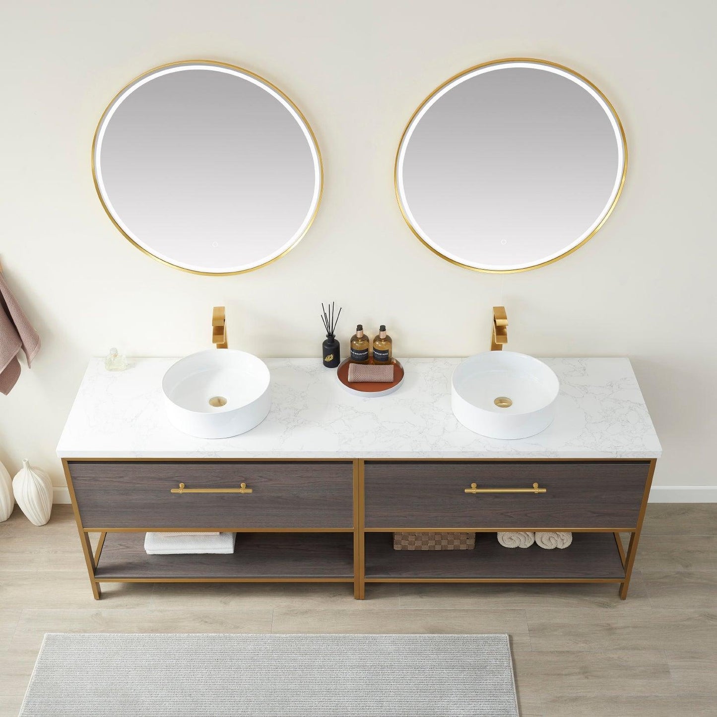 Vinnova Murcia Double Sink Bath Vanity in Suleiman Oak with White Composite Grain Stone Countertop and Optional Mirror - Sea & Stone Bath