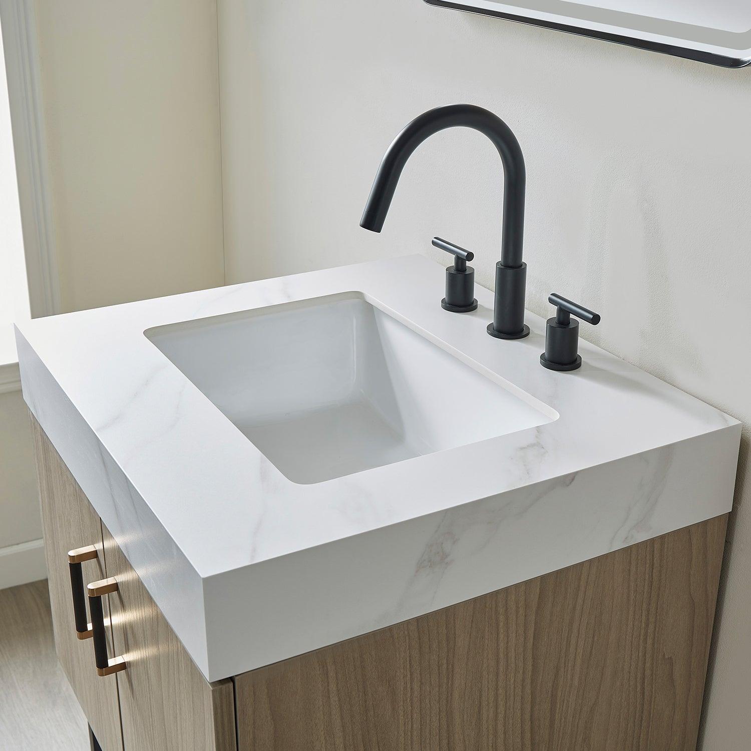 Vinnova Toledo Single Sink Bath Vanity with White Sintered Stone Top, Square Sink and Optional Mirror - Sea & Stone Bath