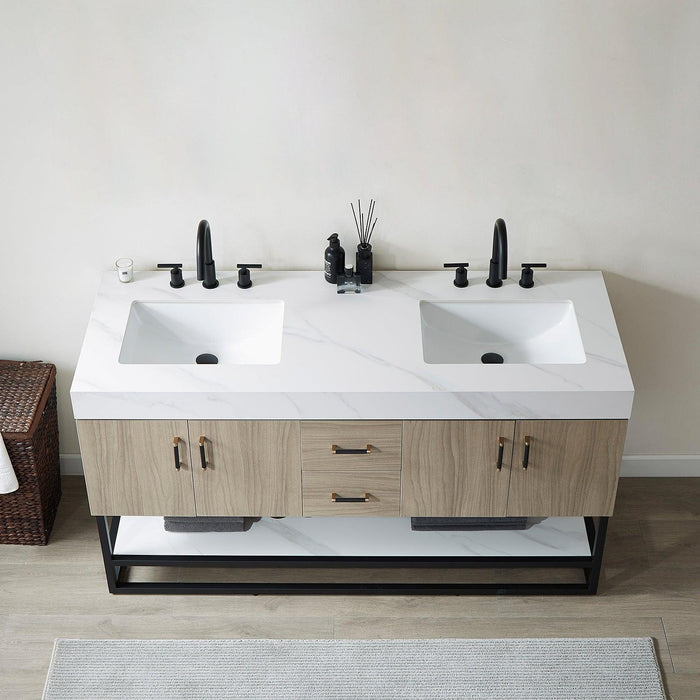 Vinnova Toledo Double Sink Bath Vanity with White Sintered Stone Top, Square Sink and Optional Mirror - Sea & Stone Bath