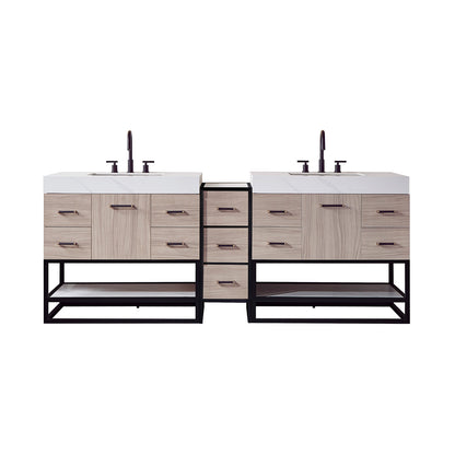 Vinnova Toledo Double Sink Bath Vanity with White Sintered Stone Top, Square Sink and Optional Mirror