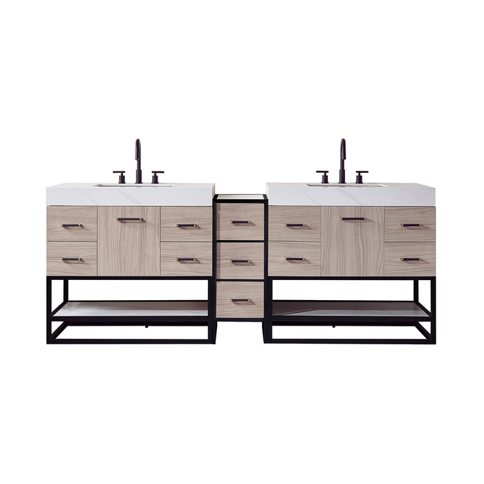 Vinnova Toledo Double Sink Bath Vanity with White Sintered Stone Top, Square Sink and Optional Mirror