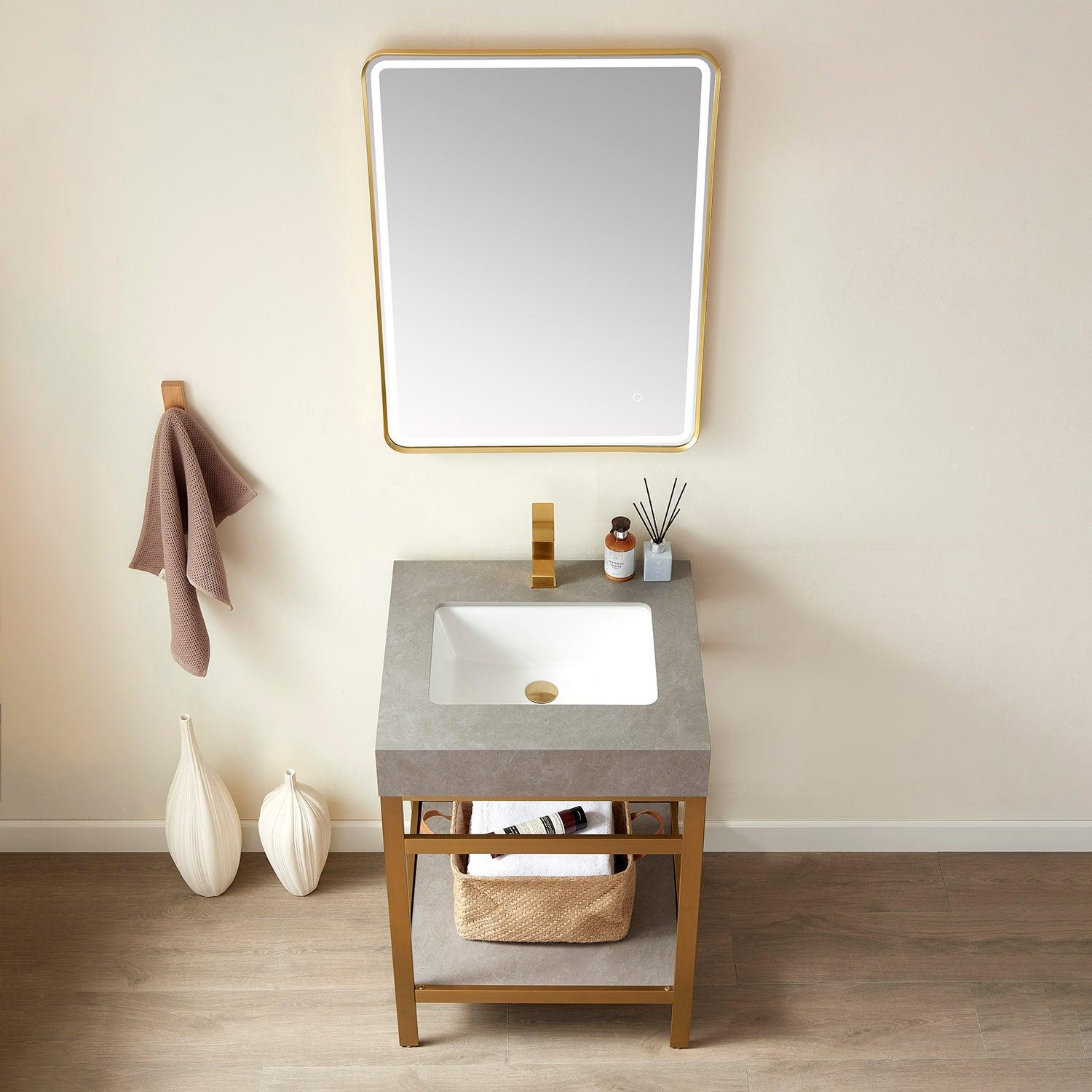 Vinnova Funes Single Sink Bath Vanity with White/Grey Sintered Stone Top and Optional Mirror - Sea & Stone Bath