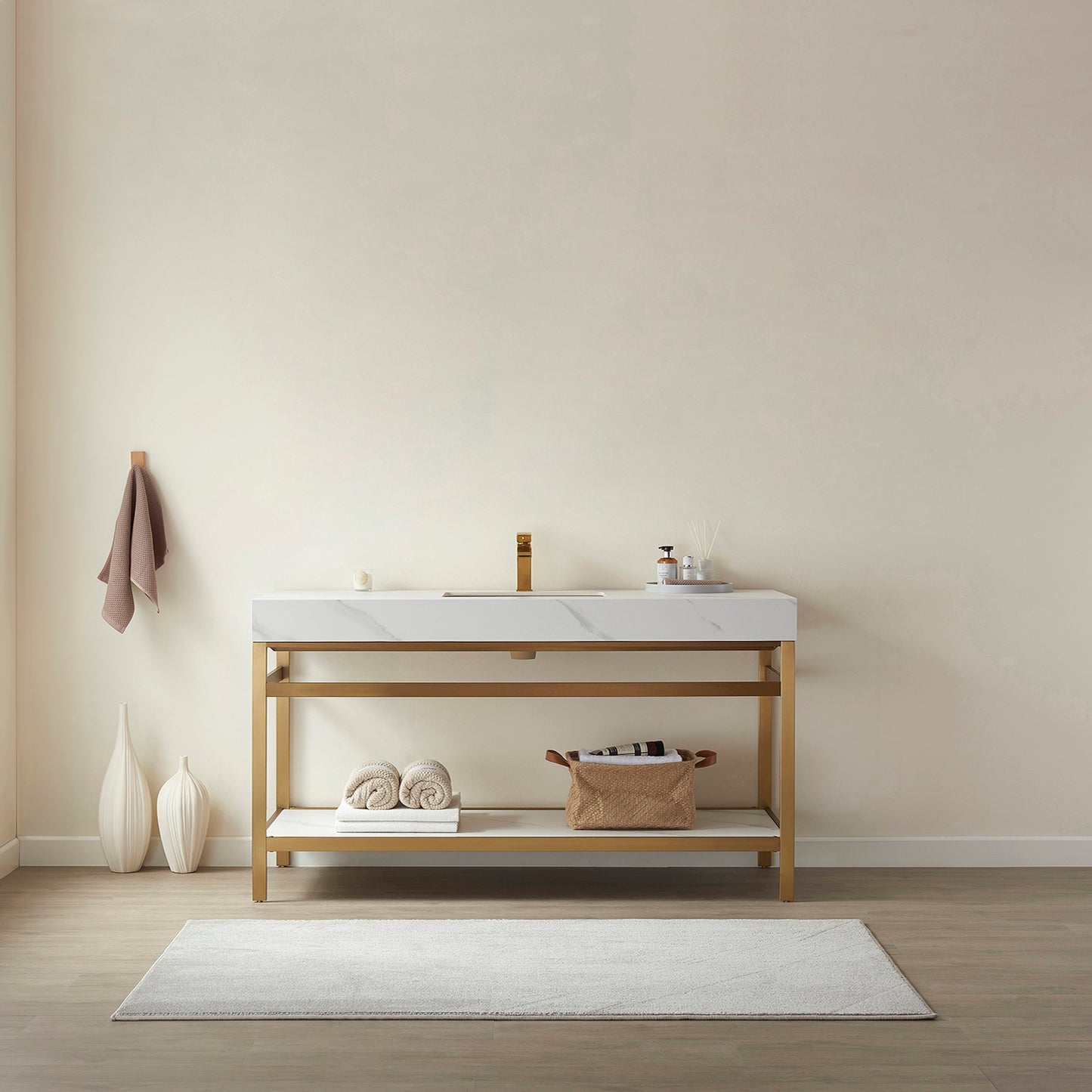 Vinnova Funes Single Sink Bath Vanity with White/Grey Sintered Stone Top and Optional Mirror