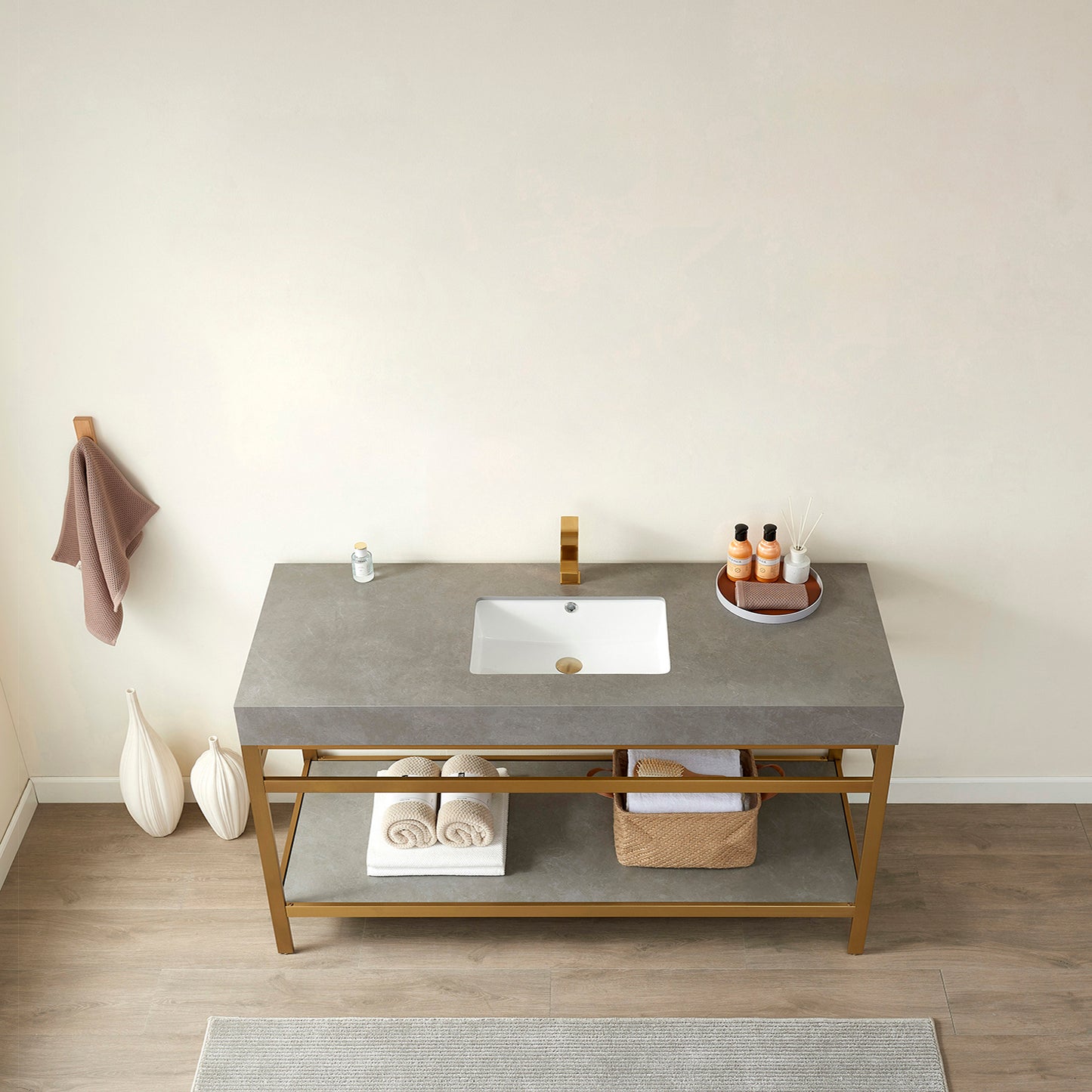 Vinnova Funes Single Sink Bath Vanity with White/Grey Sintered Stone Top and Optional Mirror