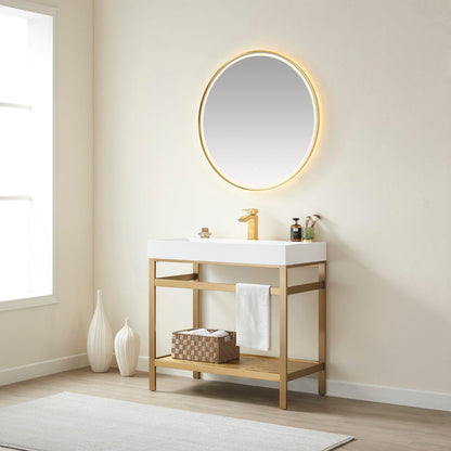 Vinnova Soria Single Sink Bath Vanity in Brushed Gold Metal Support with White One-Piece Composite Stone Sink Top and Optional Mirror - Sea & Stone Bath