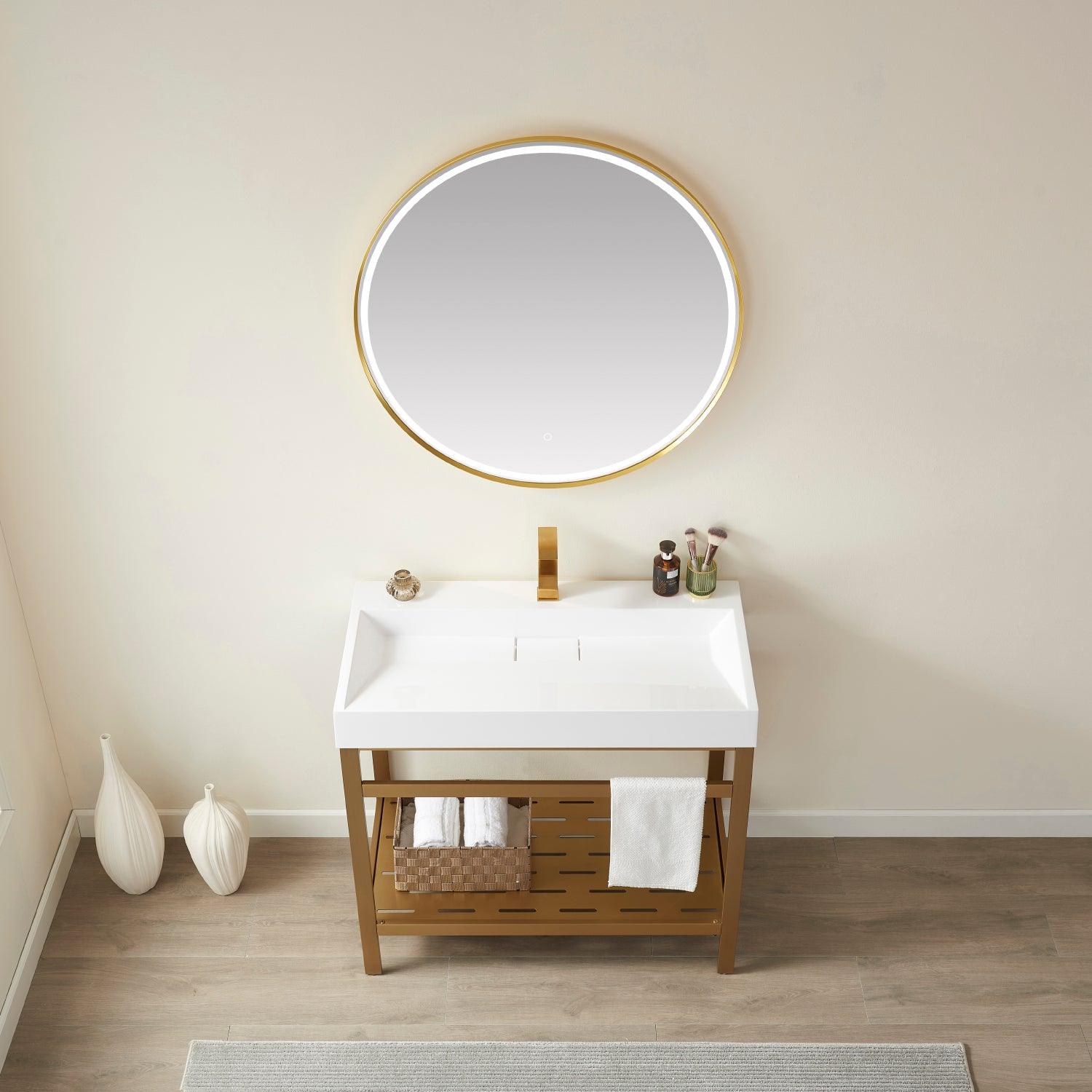 Vinnova Soria Single Sink Bath Vanity in Brushed Gold Metal Support with White One-Piece Composite Stone Sink Top and Optional Mirror - Sea & Stone Bath
