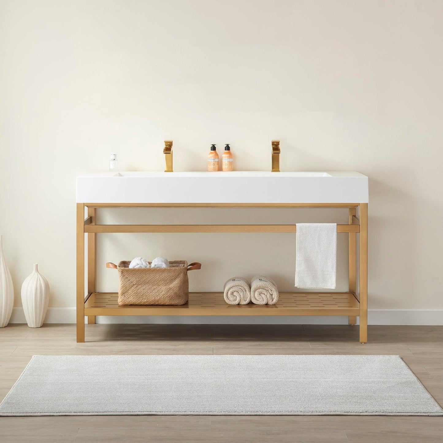 Vinnova Soria Double Bath Vanity in Brushed Gold Metal Support with White One-Piece Composite Stone Sink Top and Optional Mirror - Sea & Stone Bath