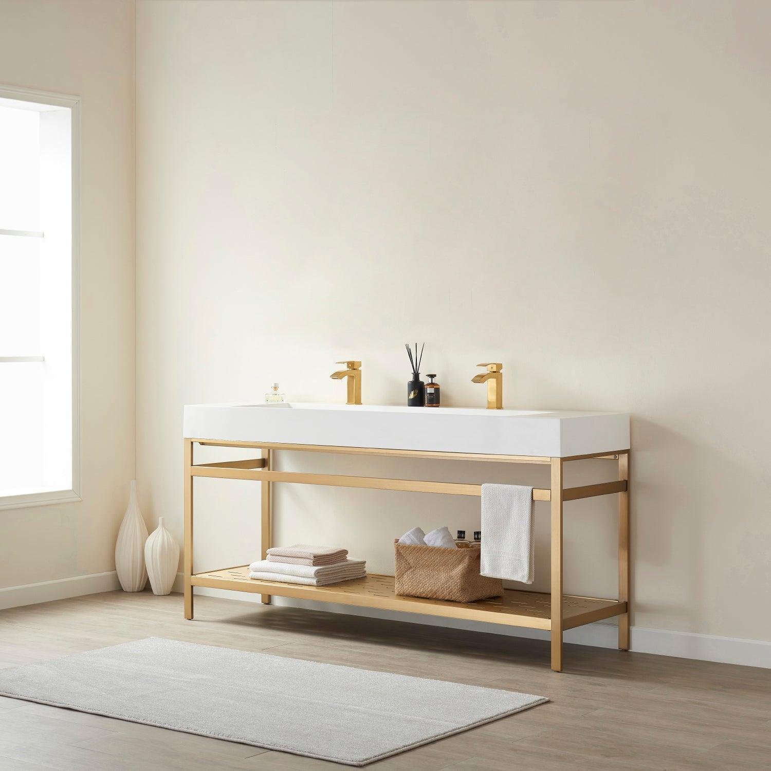 Vinnova Soria Double Bath Vanity in Brushed Gold Metal Support with White One-Piece Composite Stone Sink Top and Optional Mirror - Sea & Stone Bath