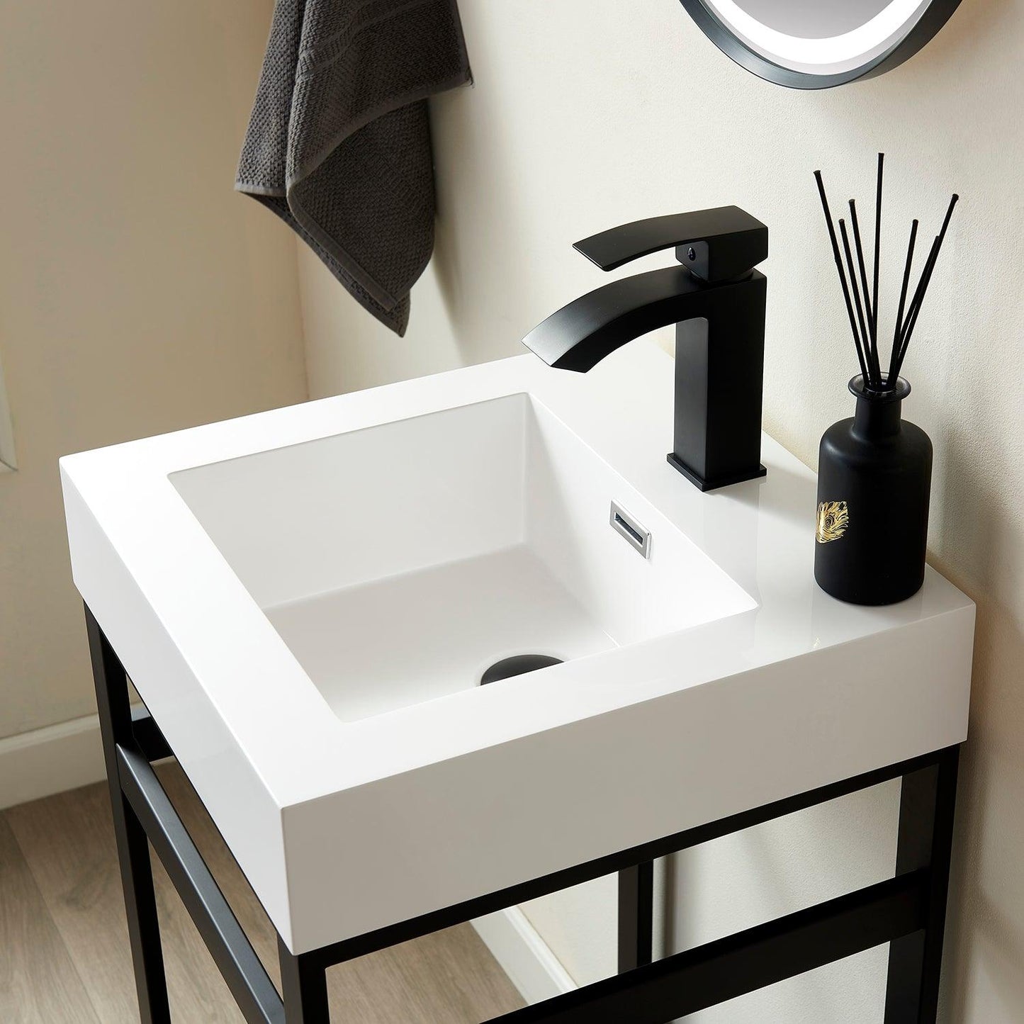 Vinnova Ablitas Single Sink Bath Vanity with Black/White/Grey One-Piece Composite Stone Sink Top and Optional Mirror - Sea & Stone Bath