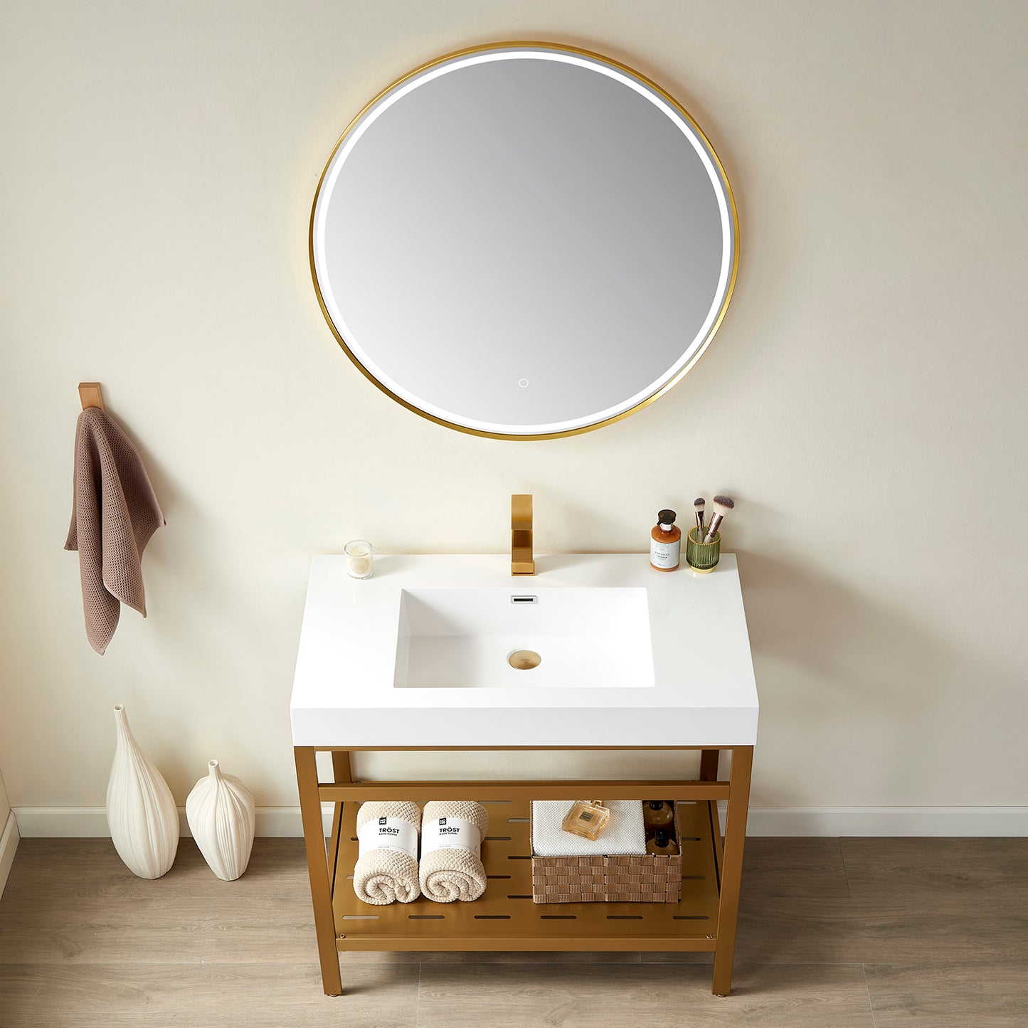 Ablitas Single Sink Bath Vanity with Black/White/Grey One-Piece Composite Stone Sink Top and Optional Mirror