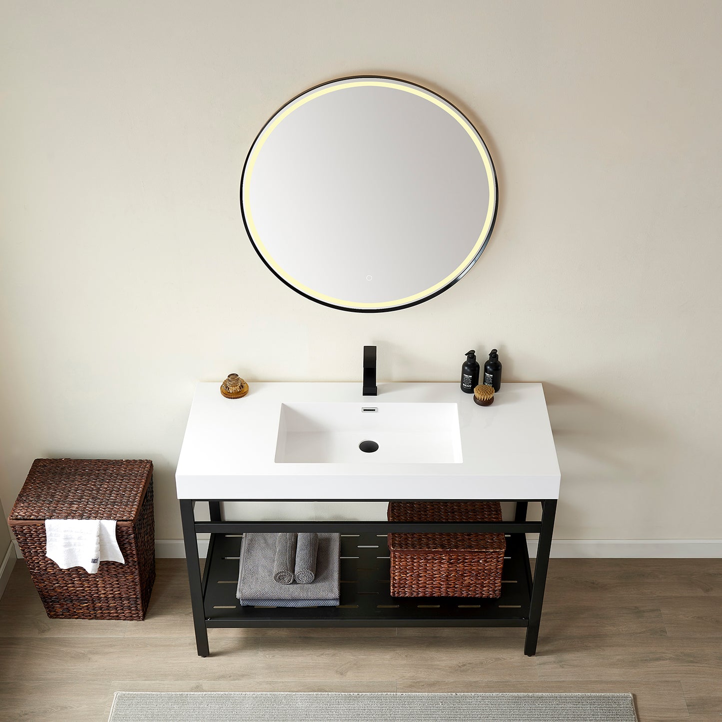 Ablitas Single Sink Bath Vanity with Black/White/Grey One-Piece Composite Stone Sink Top and Optional Mirror