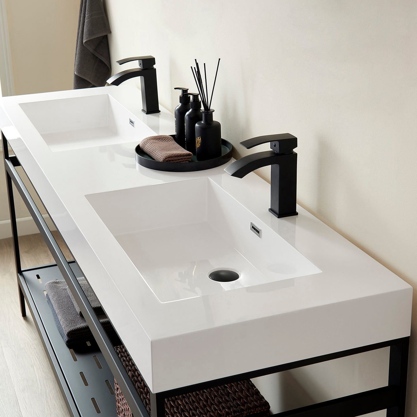 Ablitas Double Sink Bath Vanity with Black/White/Grey One-Piece Composite Stone Sink Top and Optional Mirror