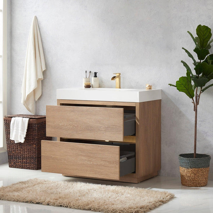 Vinnova Huesca Single Sink Bath Vanity with Composite Integral Square Sink Top and Optional Mirror - Sea & Stone Bath