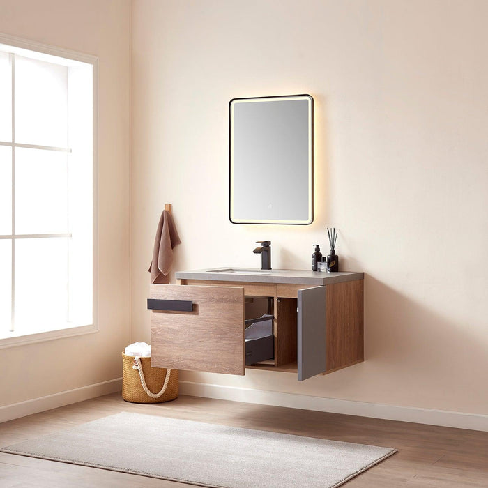 Vinnova Carcastillo Single Sink Bath Vanity in North American Oak with Grey Sintered Stone Top and Optional Mirror - Sea & Stone Bath
