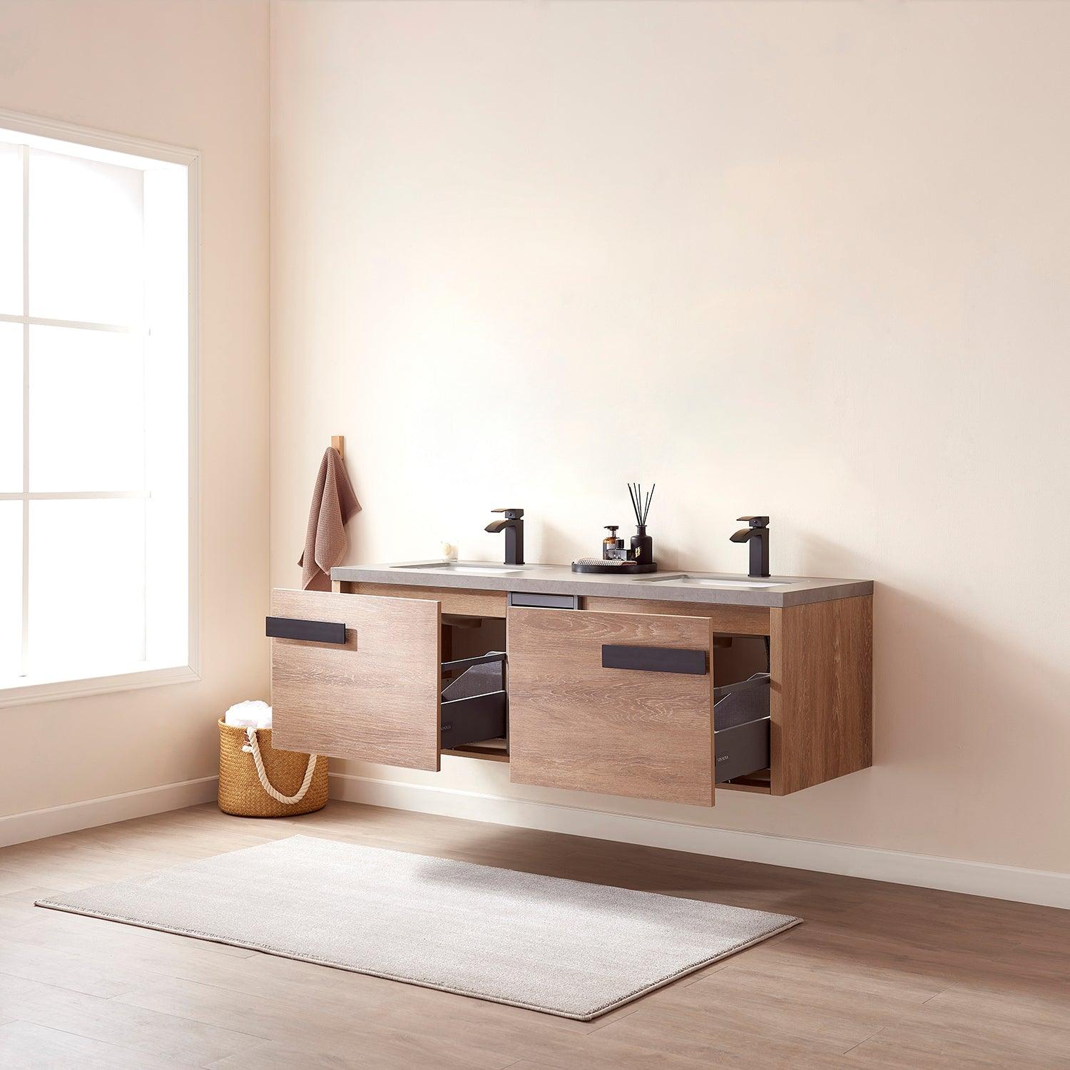 
  
  Vinnova Carcastillo Double Sink Bath Vanity in North American Oak with Grey Sintered Stone Top and Optional Mirror
  

