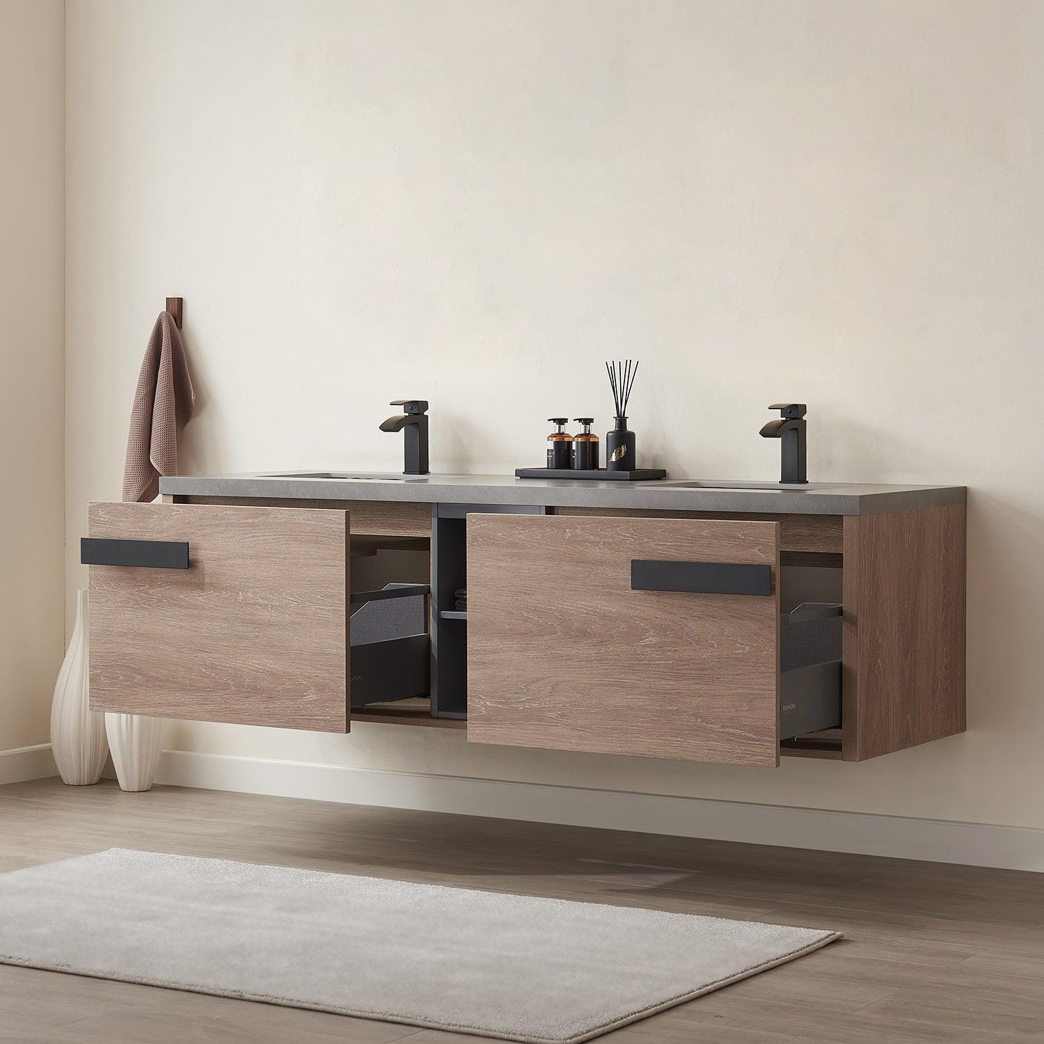 
  
  Vinnova Carcastillo Double Sink Bath Vanity in North American Oak with Grey Sintered Stone Top and Optional Mirror
  
