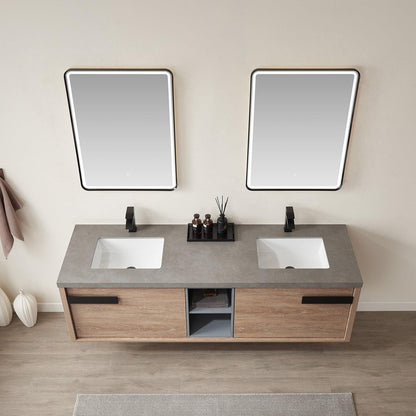 Vinnova Carcastillo Double Sink Bath Vanity in North American Oak with Grey Sintered Stone Top and Optional Mirror - Sea & Stone Bath