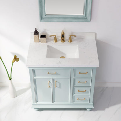 Vinnova Charlotte Single Vanity with Carrara Quartz Stone Countertop in Finnish Green - Sea & Stone Bath