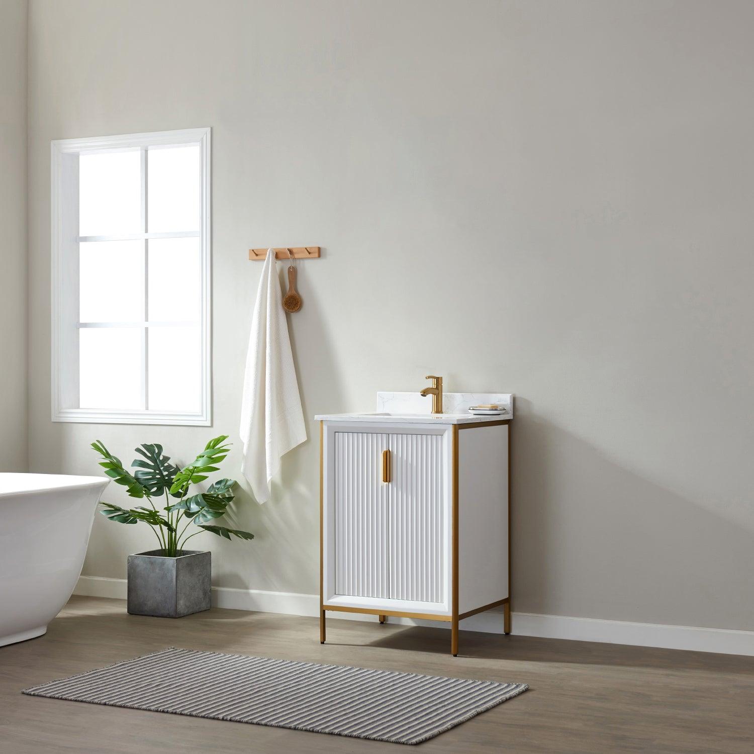 Vinnova Granada Single Vanity with White Composite Grain Stone Countertop With Mirror - Sea & Stone Bath