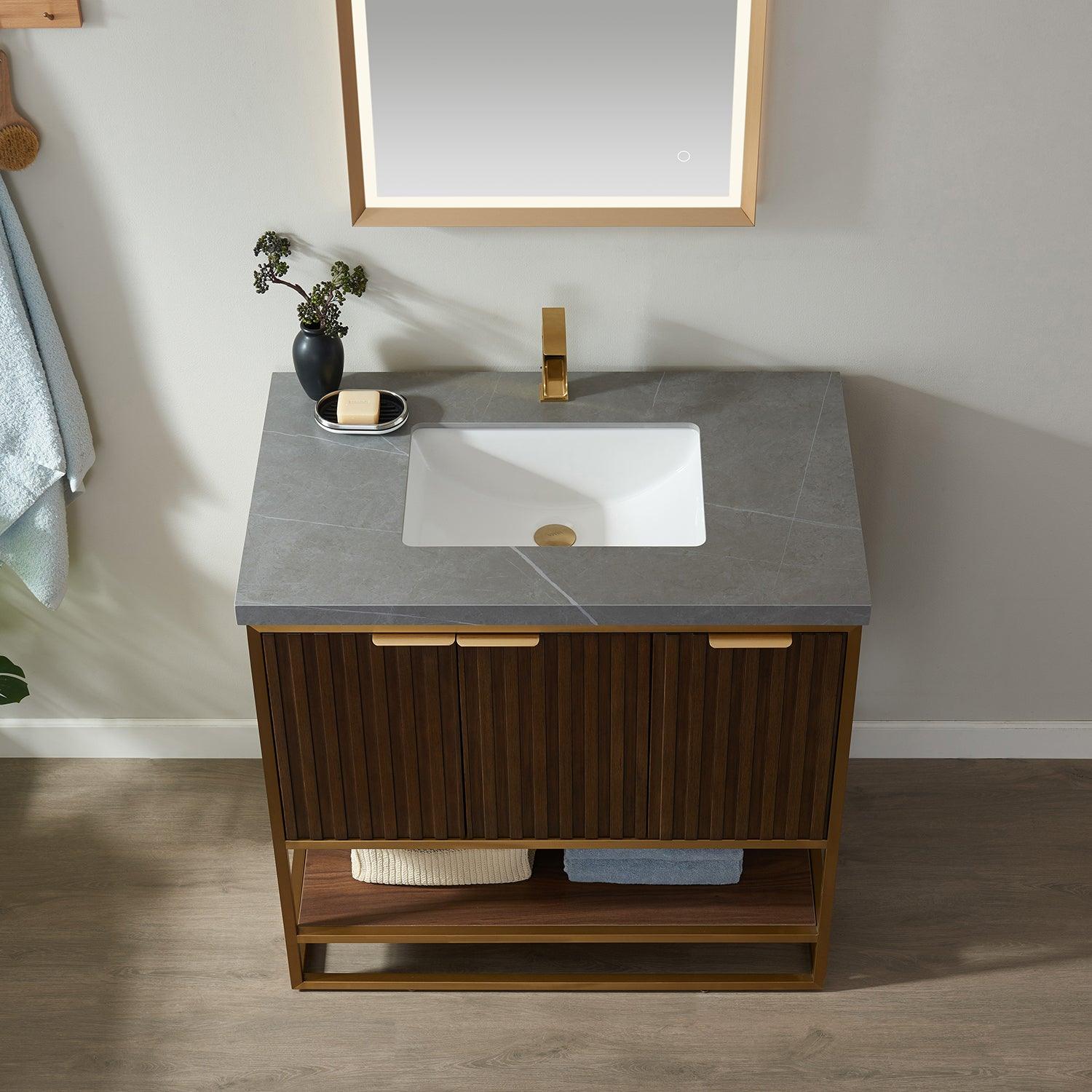 Vinnova Donostia Single Vanity in Walnut with Grey Composite Armani limestone board stone countertop, Optional Mirror - Sea & Stone Bath