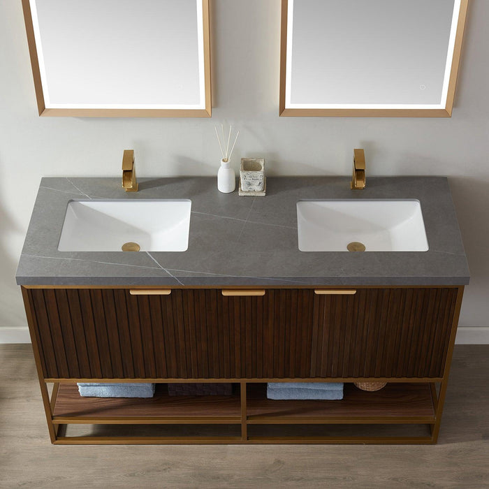 Vinnova Donostia Double Vanity in Walnut with Grey Composite Armani limestone board stone countertop, Optional With Mirror - Sea & Stone Bath