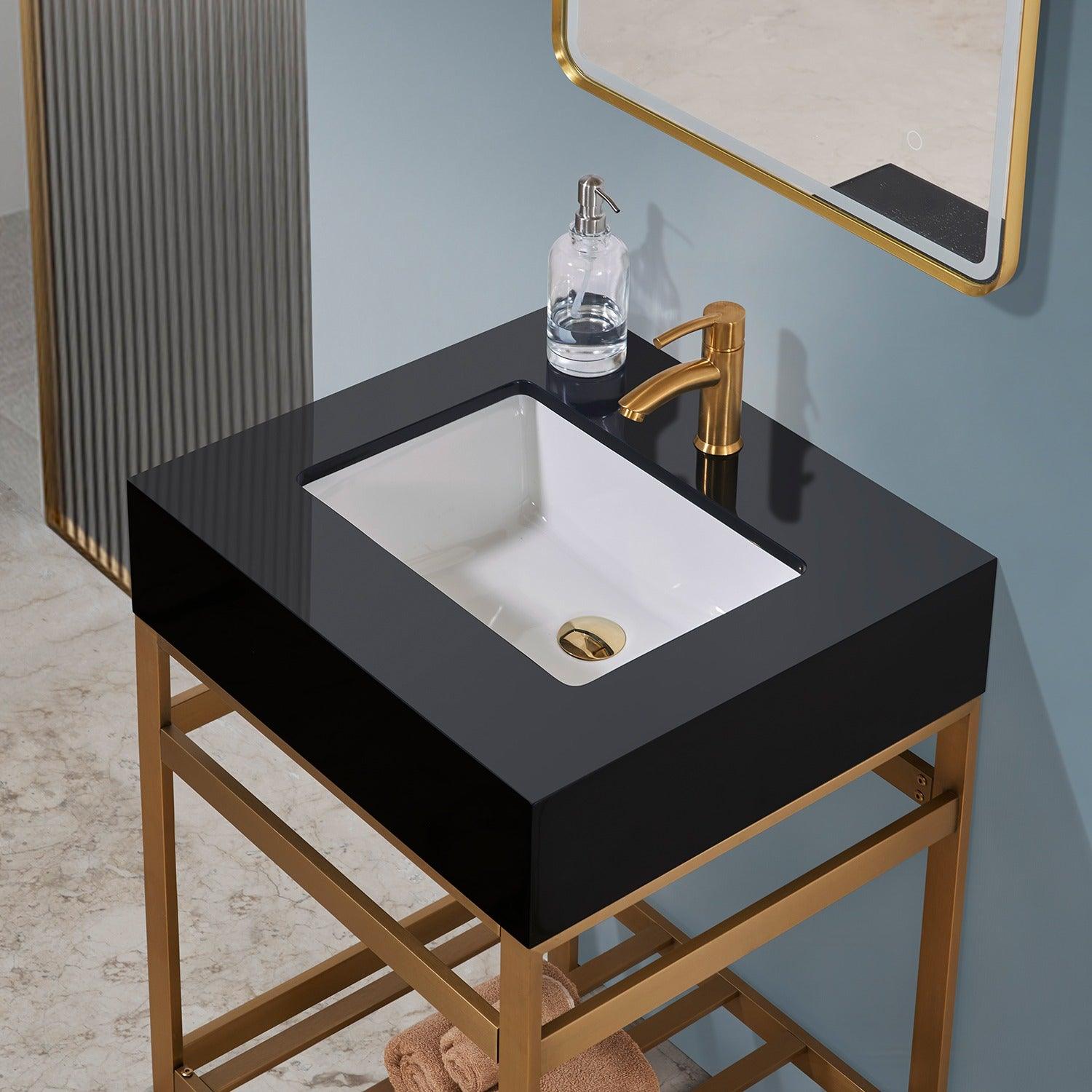 Altair Nauders Single Stainless Steel Vanity Console in Brushed Gold with Imperial Black Stone Countertop and Optional Mirror - Sea & Stone Bath