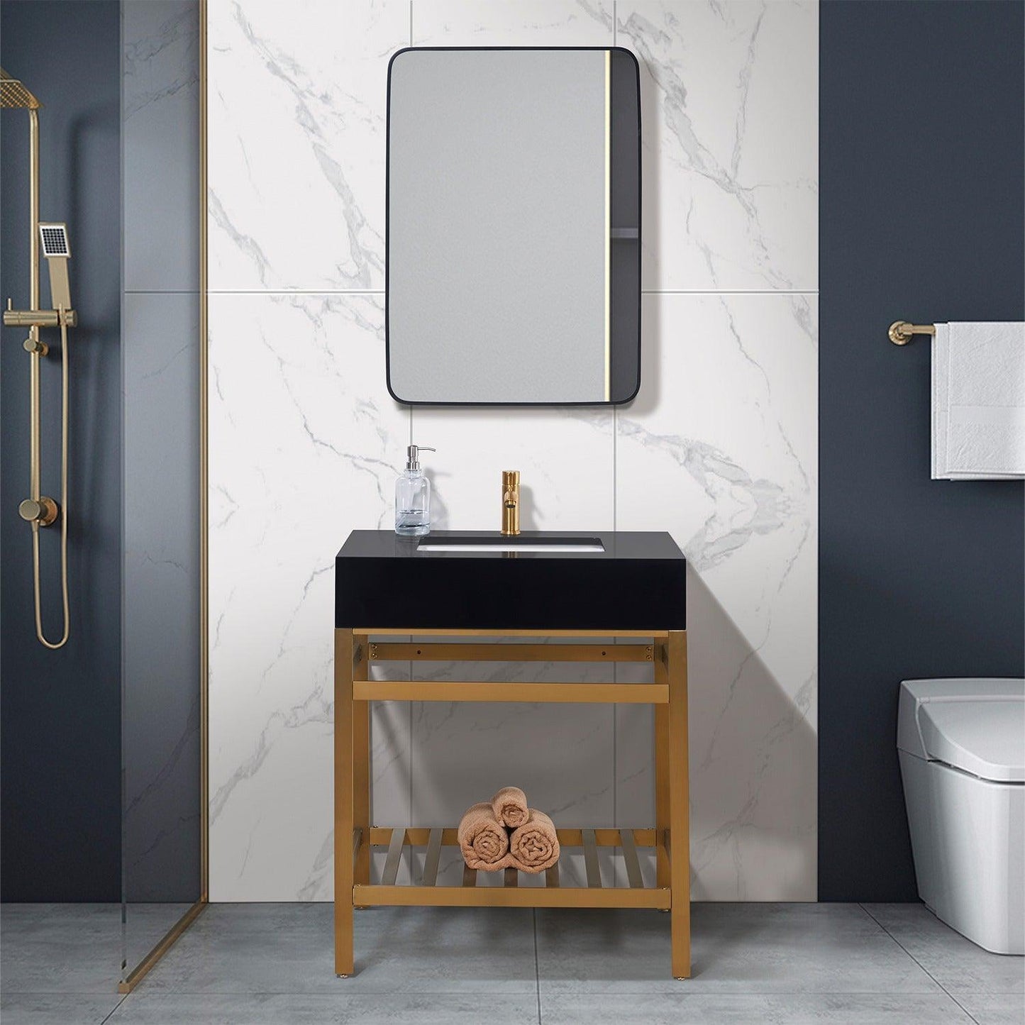 Altair Nauders Single Stainless Steel Vanity Console in Brushed Gold with Imperial Black Stone Countertop and Optional Mirror - Sea & Stone Bath