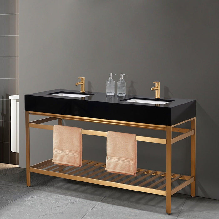 Altair Nauders Double Stainless Steel Vanity Console in Brushed Gold with Imperial Black Stone Countertop and Optional Mirror - Sea & Stone Bath