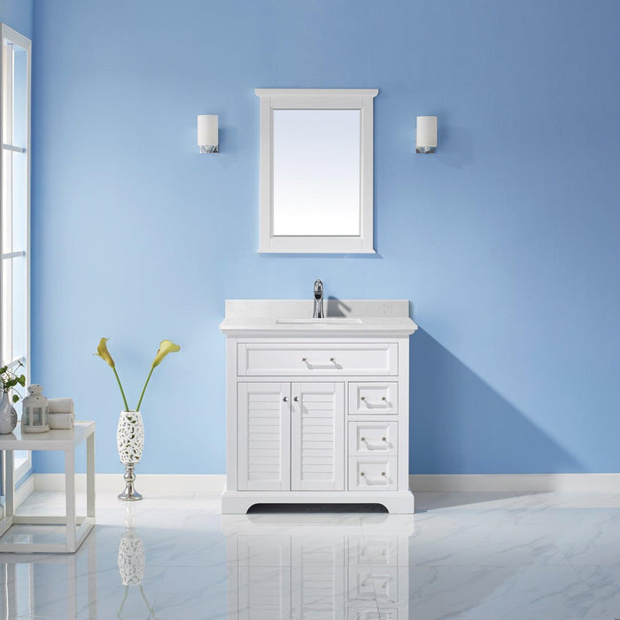 Vinnova Lorna Single Vanity with Composite Carrara White Stone Countertop, Optional Mirror - Sea & Stone Bath