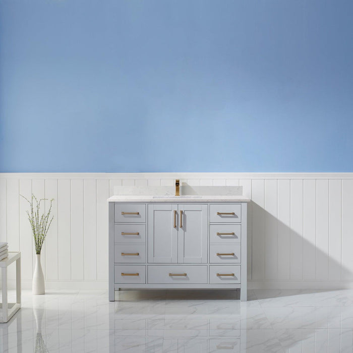 Vinnova Shannon Single Vanity with Composite Carrara White Stone Countertop, Optional Mirror - Sea & Stone Bath