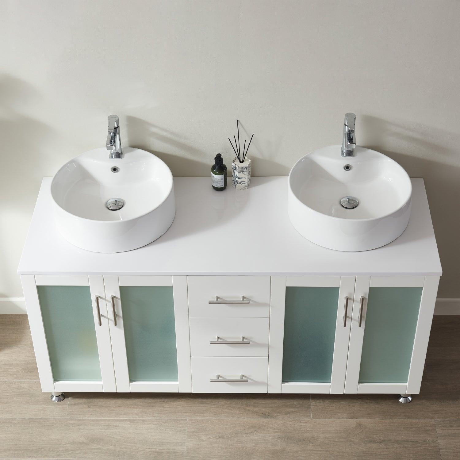 Vinnova Pesaro Double Vanity with Pure white polished Stone Top with White Vessel Sink - Sea & Stone Bath