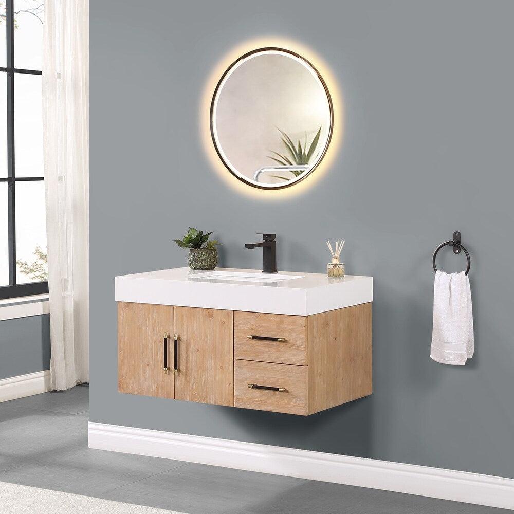 Altair Corchia Wall-mounted Single Bathroom Vanity in Light Brown with White Composite Stone Countertop and Optional Mirror - Sea & Stone Bath