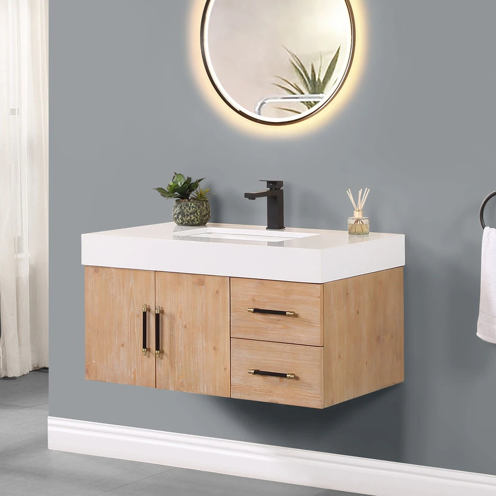 Altair Corchia Wall-mounted Single Bathroom Vanity in Light Brown with White Composite Stone Countertop and Optional Mirror - Sea & Stone Bath