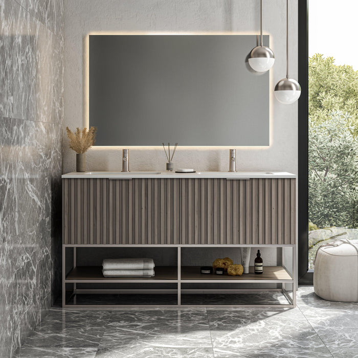 BEMMA Design Terra 60" Double Bathroom Vanity Set in Greywash with White Quartz or Carrara Marble Top - Sea & Stone Bath