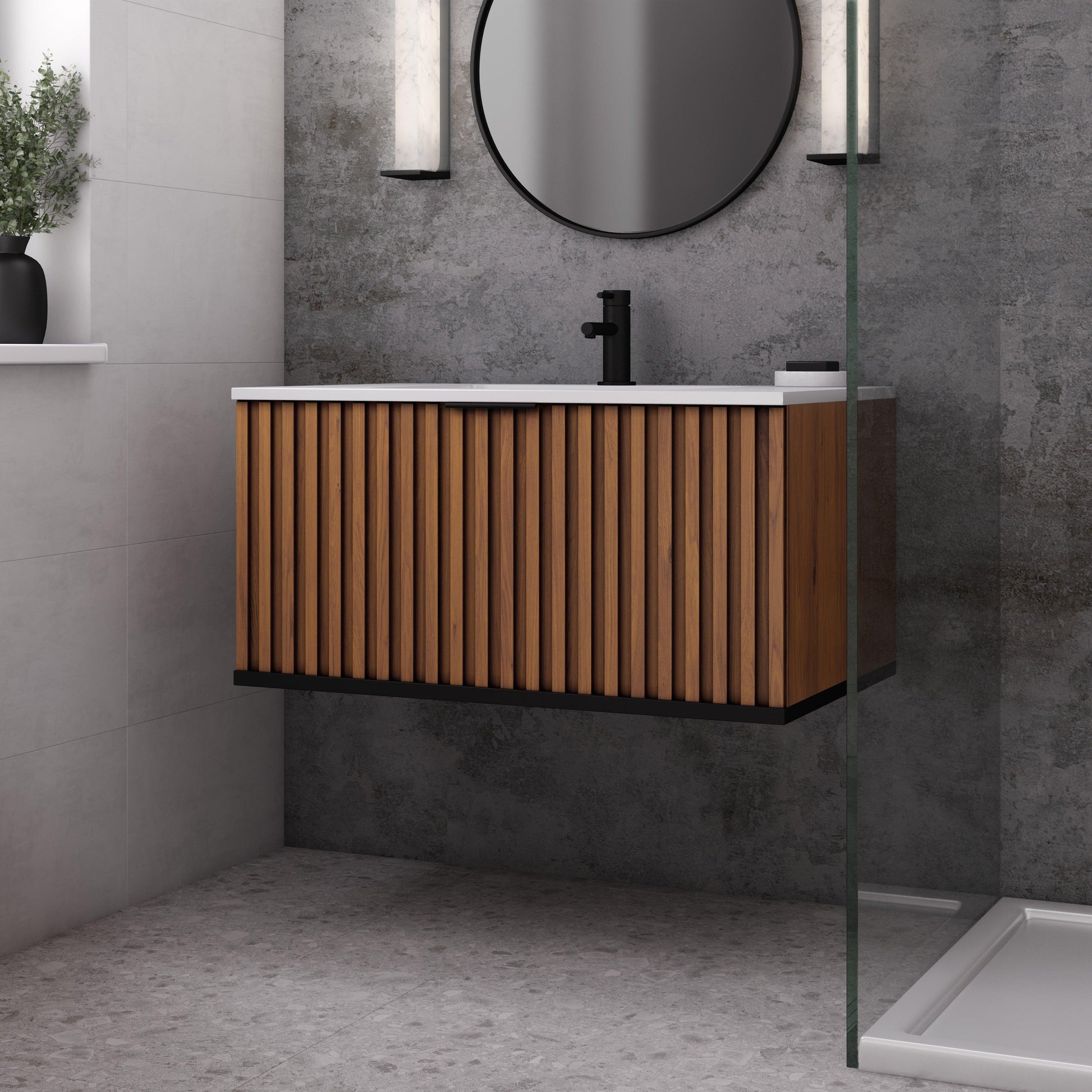 
  
  BEMMA Design Terra Wall-Mounted Single Bathroom Vanity Set in Walnut with White Quartz or Carrara Marble Top
  
