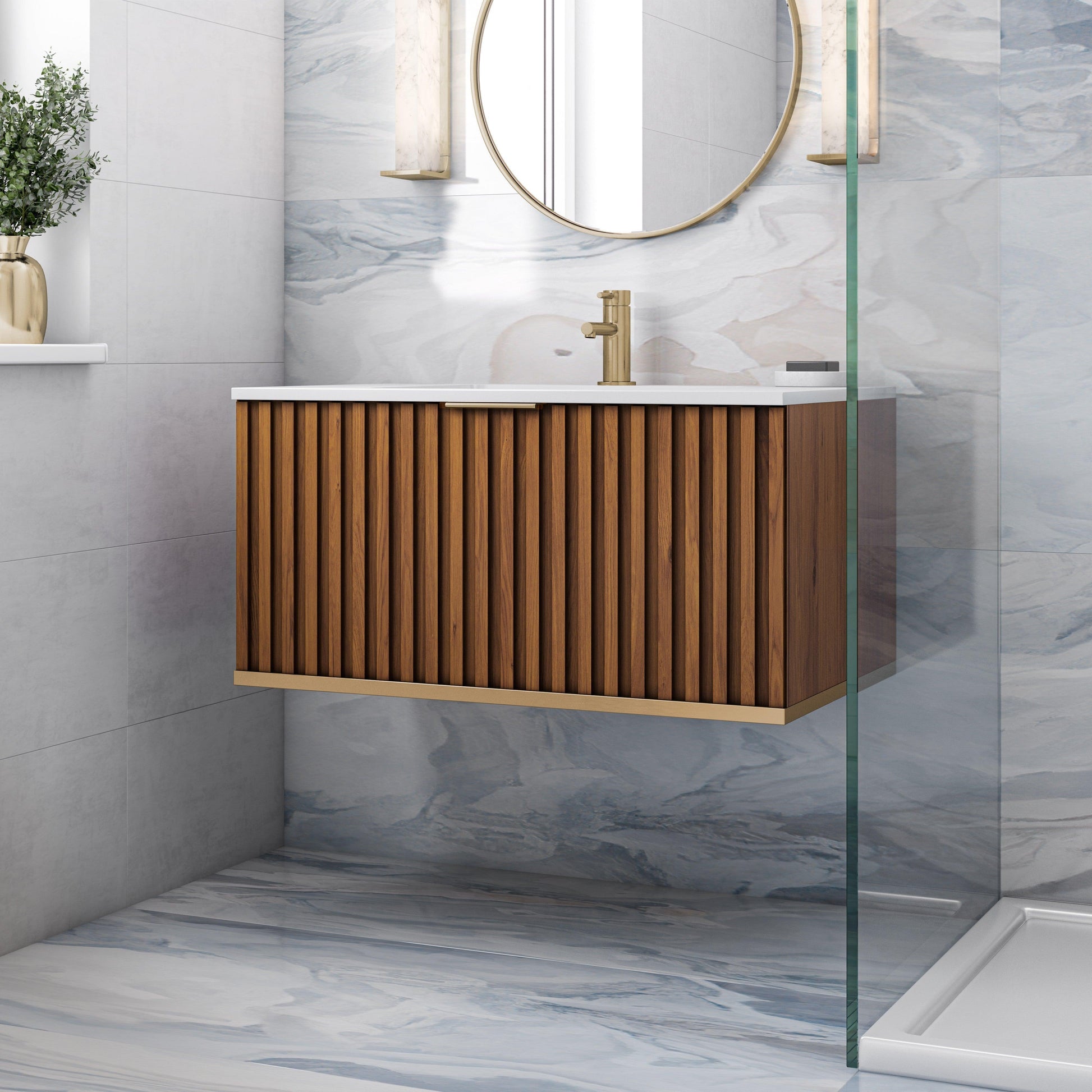 
  
  BEMMA Design Terra Wall-Mounted Single Bathroom Vanity Set in Walnut with White Quartz or Carrara Marble Top
  
