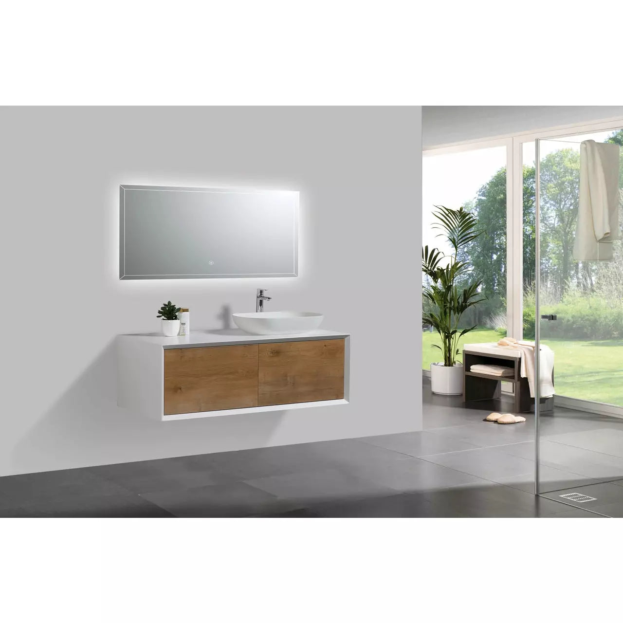 Alma Fiona 48″ Natural Wood Finish Wall Mount Vanity With Vessel Sink / Left-Right Side Sink - Sea & Stone Bath