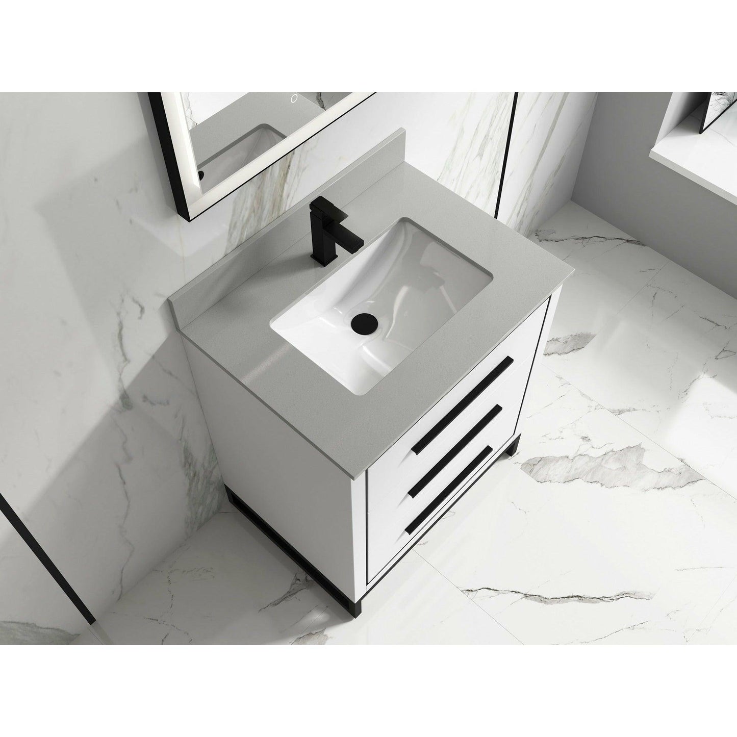 Alma Kathyia Free Standing Single Vanity, Pure White Stone top with porcelain sink, Matte black Hardware - Sea & Stone Bath