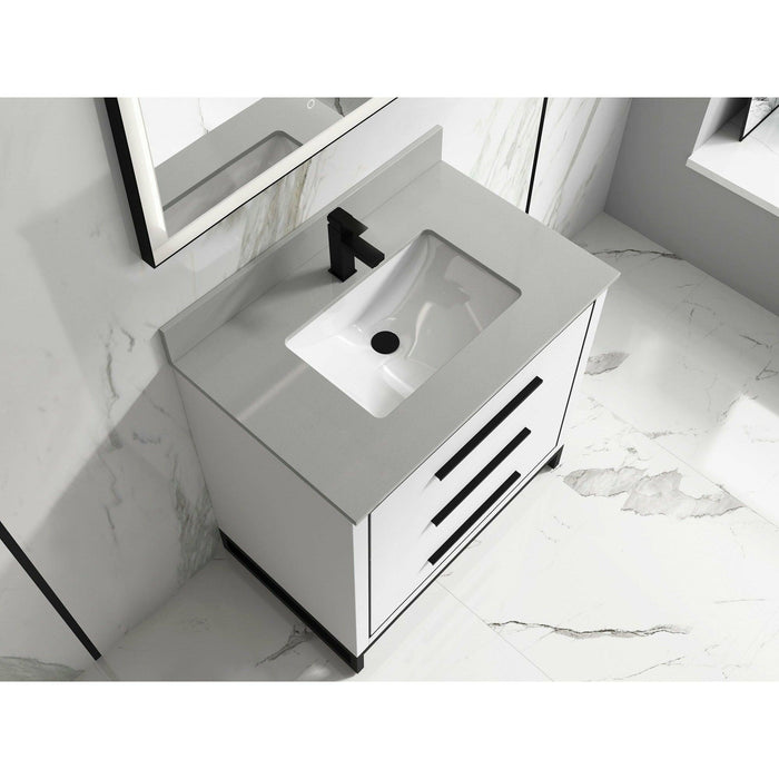 Alma Kathyia Free Standing Single Vanity, Pure White Stone top with porcelain sink, Matte black Hardware - Sea & Stone Bath