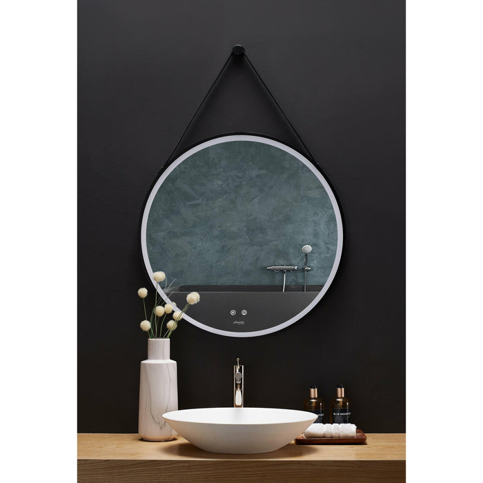 Ancerre Sangle Round LED Black Framed Mirror with Defogger and Vegan Leather Strap - Sea & Stone Bath