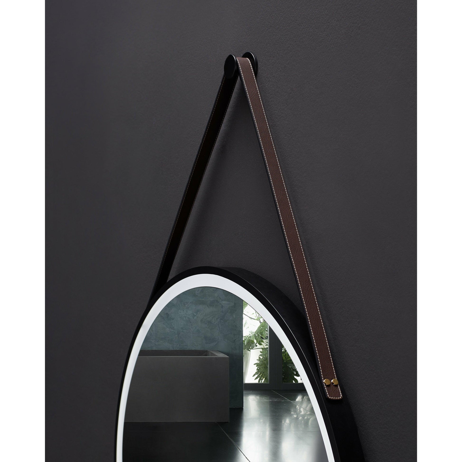 
  
  Ancerre Sangle Round LED Black Framed Mirror with Defogger and Vegan Leather Strap
  
