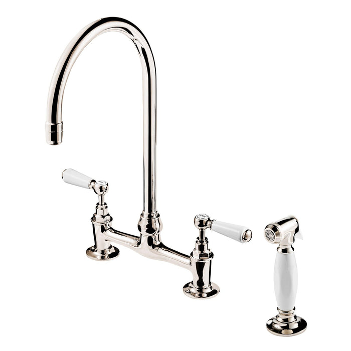 BARBER WILSONS REGENT 1890'S/1900'S 3 HOLE BRIDGE FAUCET 8" SWAN NECK SWIVEL SPOUT W/HAND SPRAY (CERAMIC DISC) AND WHITE PORCELAIN LEVER AND BUTTONS AND SPRAY - Sea & Stone Bath