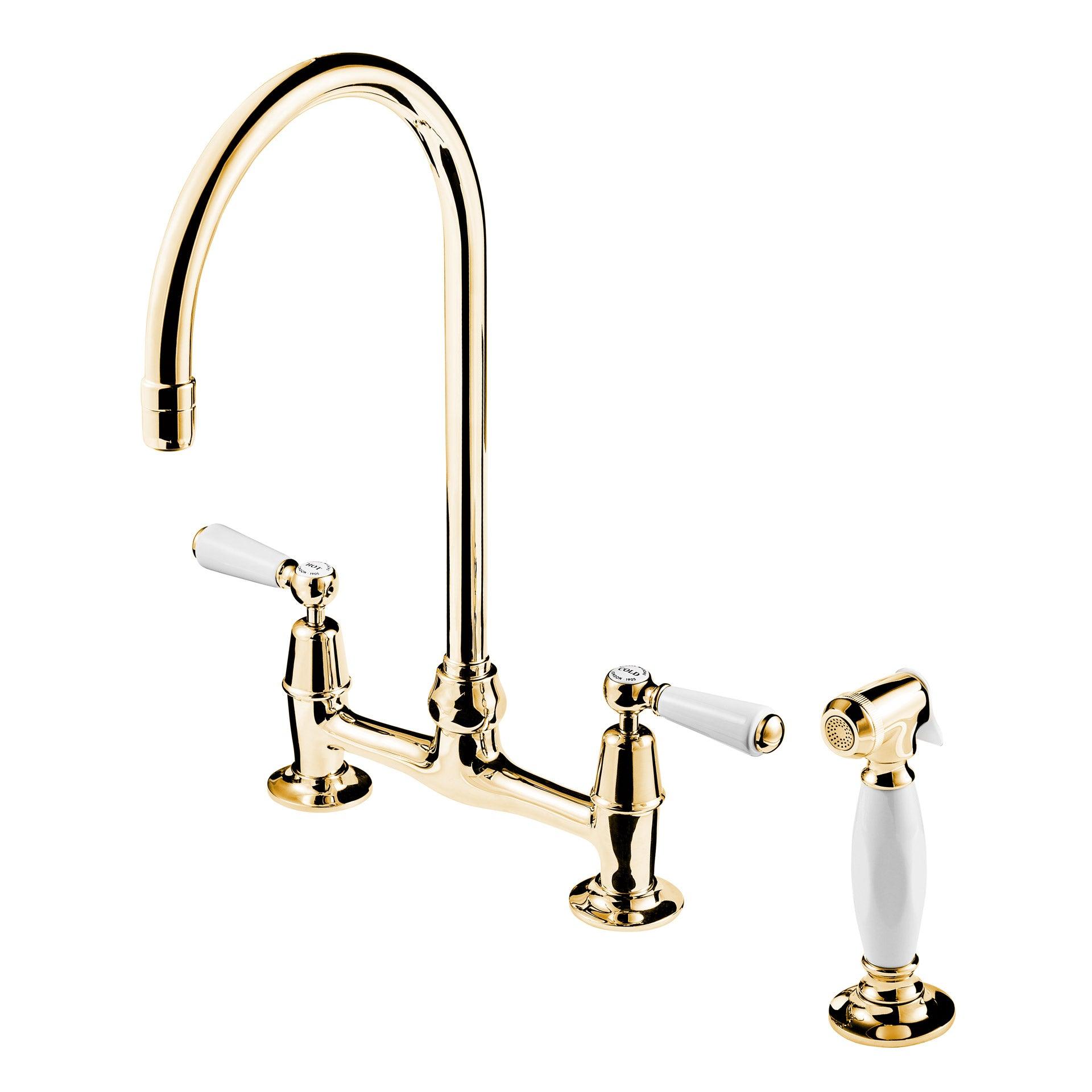 
  
  Barber Wilsons Regent 1890'S/1900'S 3 Hole Bridge Faucet 8" Swan Neck Swivel Spout with Hand Spray (Ceramic Disc) and White Porcelain Lever and Buttons and Spray - 16 Luxury Finishes
  
