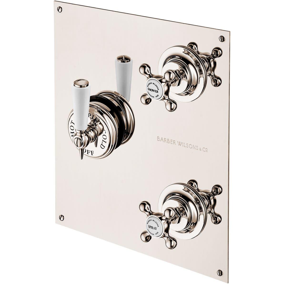 BARBER WILSONS CONCEALED THERMOSTATIC VALVE WITH 2 VOLUME CONTROLS ON RECTANGULAR PLATE WITH WHITE PORCELAIN LEVER, CROSS HANDLE VOLUME CONTROLS AND WHITE BUTTONS - Sea & Stone Bath
