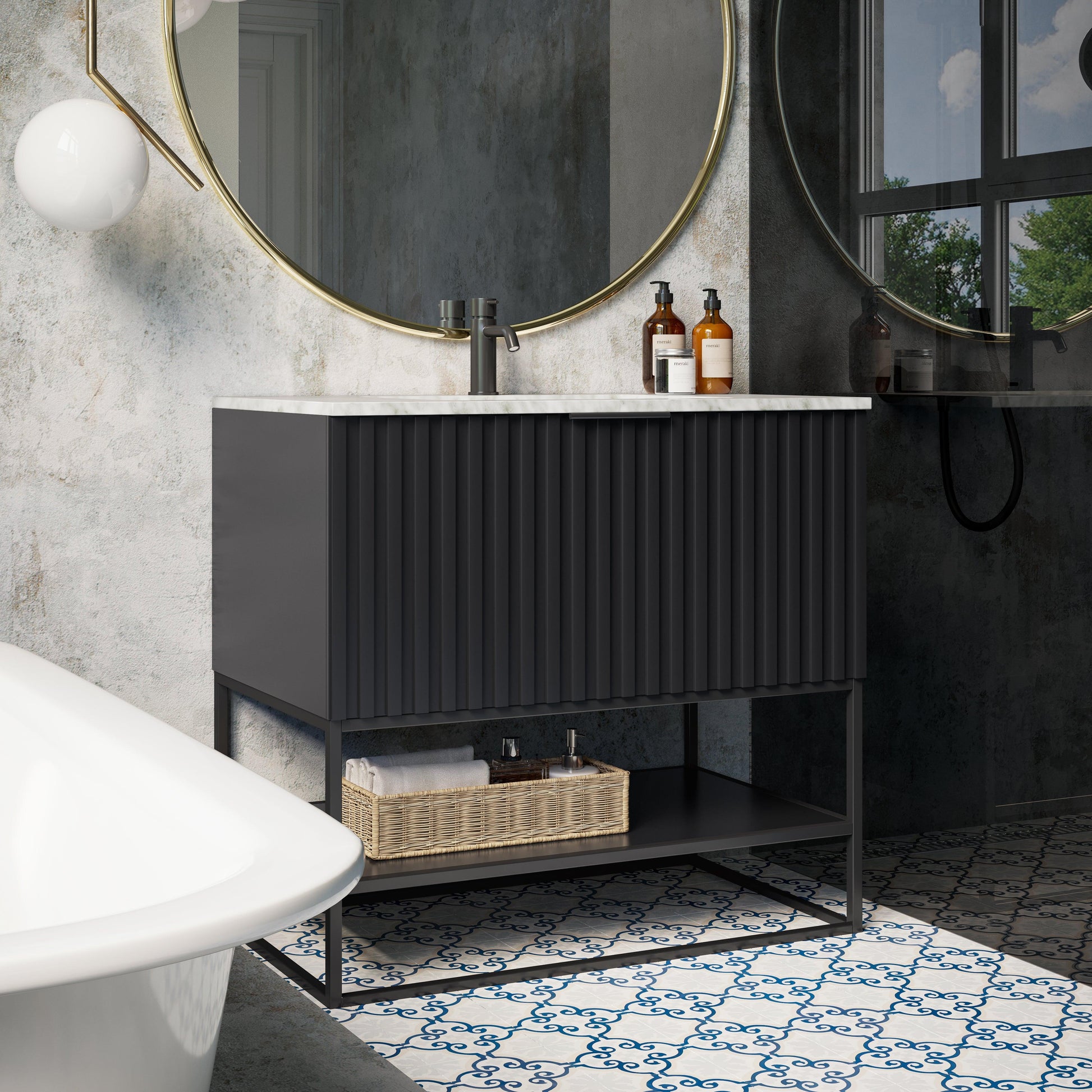 BEMMA Design Terra Single Bathroom Vanity Set in Matte Black with White/Black Quartz or Carrara Marble Top - Sea & Stone Bath