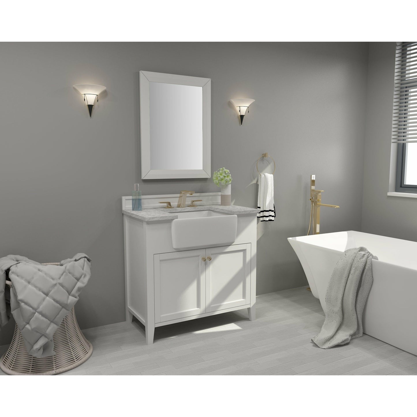Ancerre Adeline Single Vanity Set with Italian Carrara White Marble Vanity Top and White Undermount Farmhouse Basin with Gold Hardware - Sea & Stone Bath