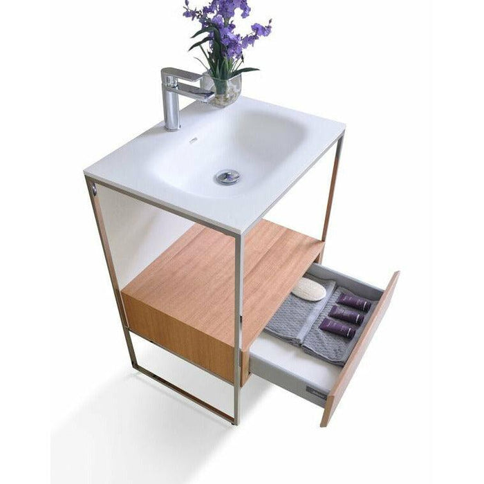 Ancerre Tory Single Bath Vanity in Natural Walnut with White Matte Seamless Solid Surface Sink top and Mirror - Sea & Stone Bath
