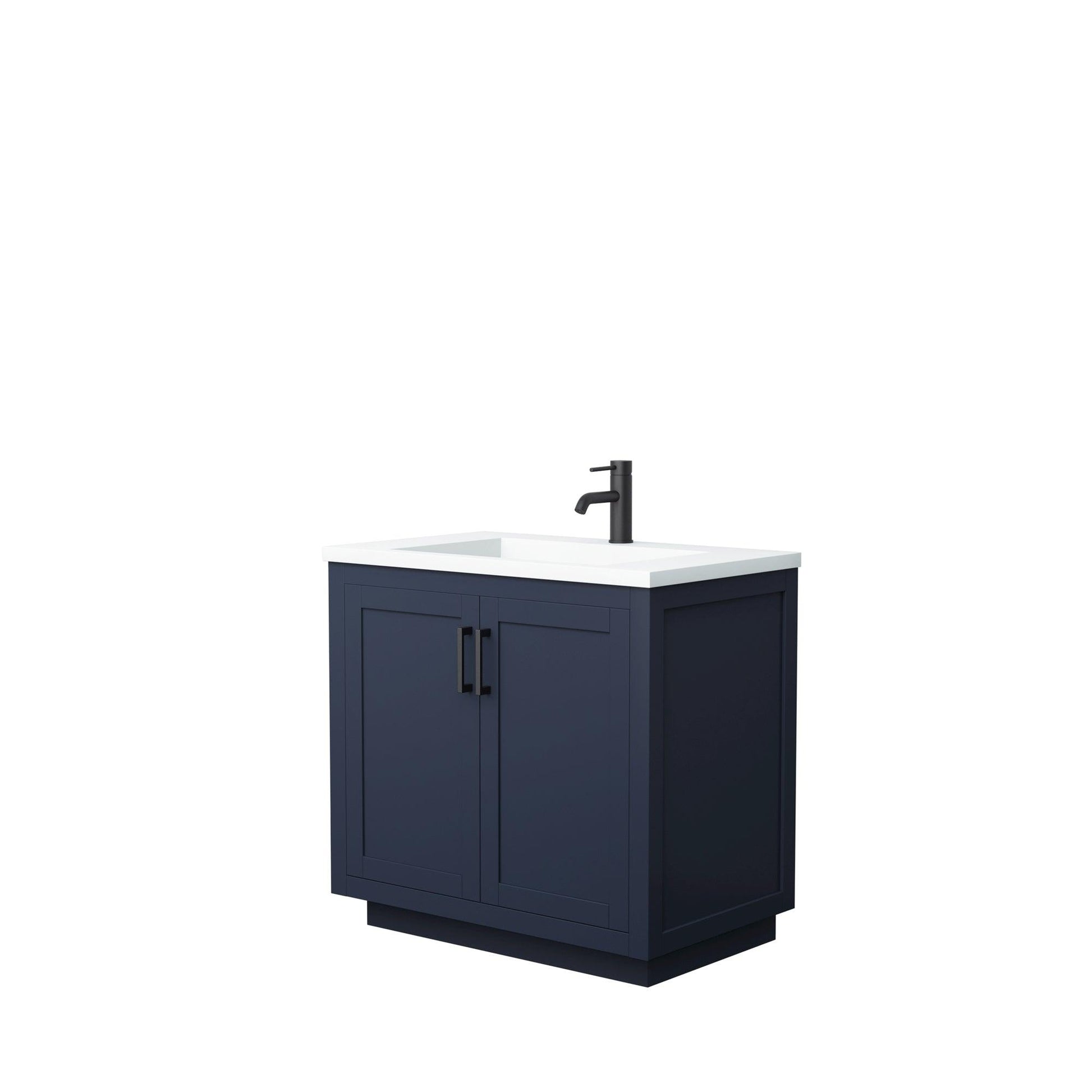 
  
  Wyndham Collection Miranda Single Bathroom Vanity in Dark Blue, 1.25 Inch Thick Matte White Solid Surface Countertop, Integrated Sink, Complementary Trim, Optional Mirror
  
